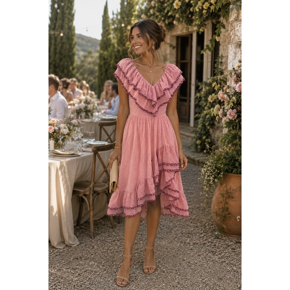 LoveShackFancy Pink Silk Ruffle Asymmetrical Floral Dress Size 2 (Runs Larger)